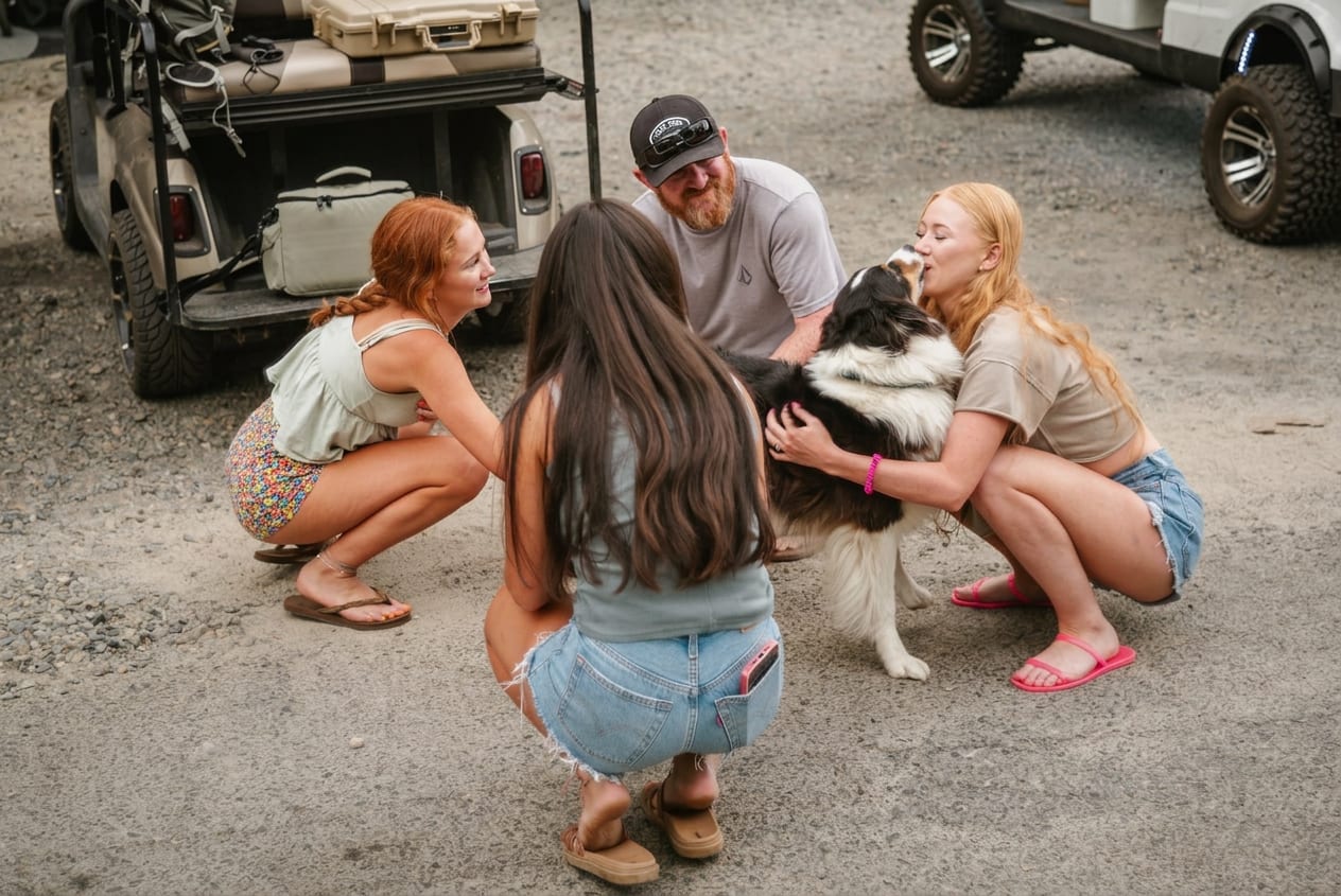 Guests and their dog gathered together at Outdoorsy Yosemite