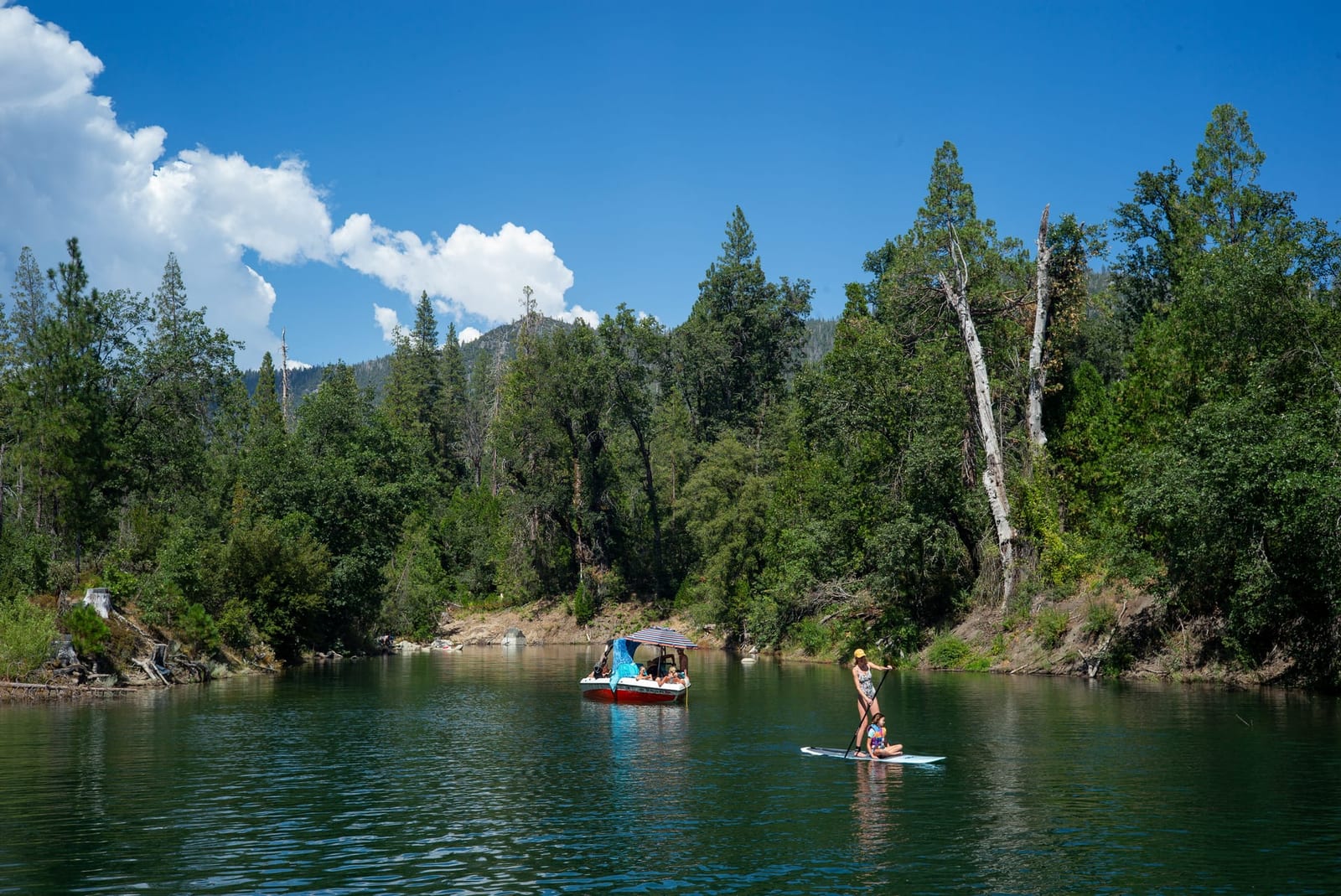 Paddleboarding on Bass Lake, an 8 minute walk from Outdoorsy Yosemite