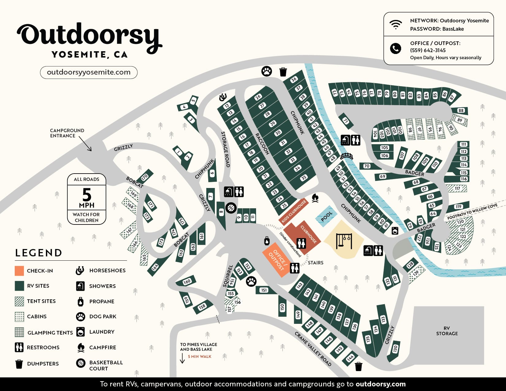 Property map of Outdoorsy Yosemite — RV sites, cabins, clubhouses, pool, and amenities