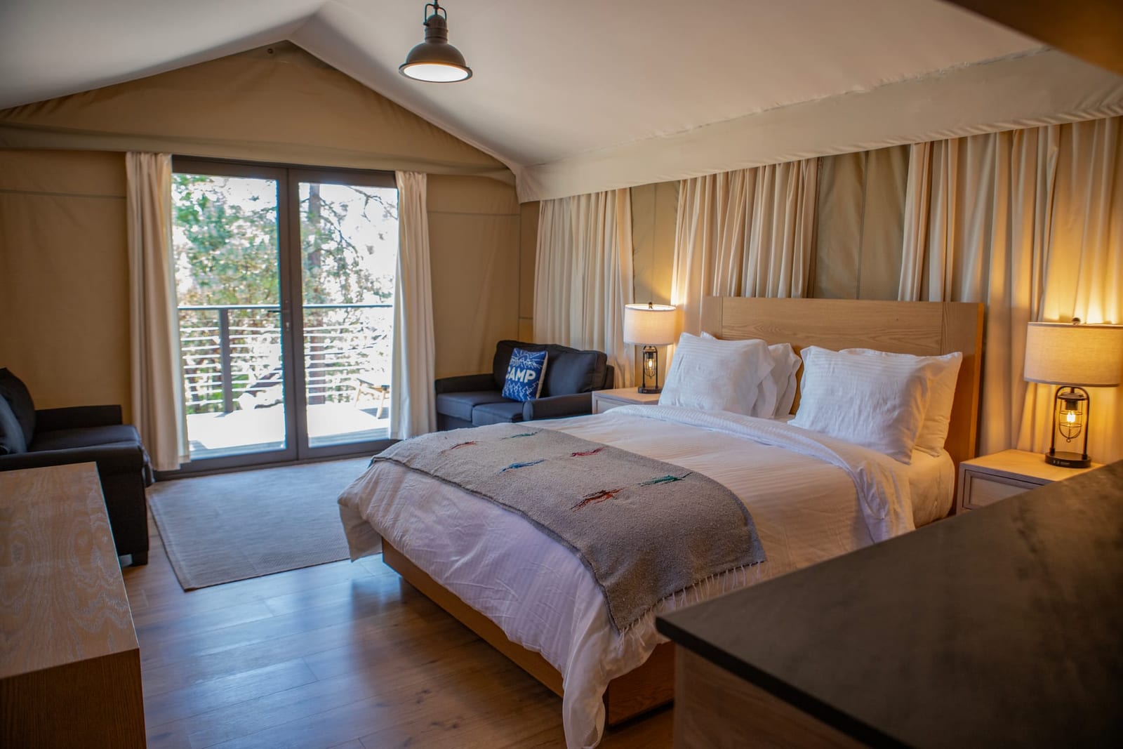 Furnished Glamping Safari Tent interior at Outdoorsy Yosemite