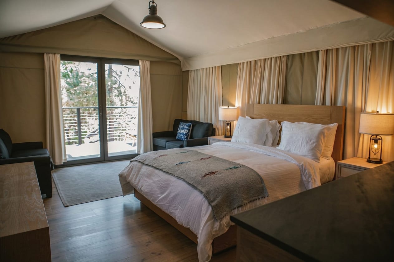 Furnished glamping safari tent interior at Outdoorsy Yosemite