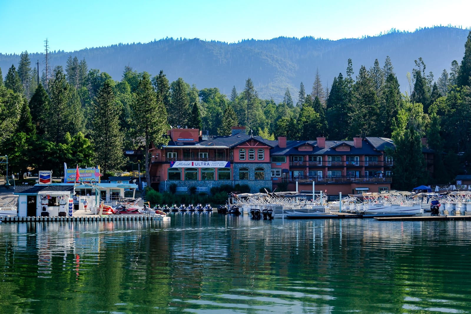 Ducey's on the Lake restaurant and the Pines Marina at Bass Lake, California