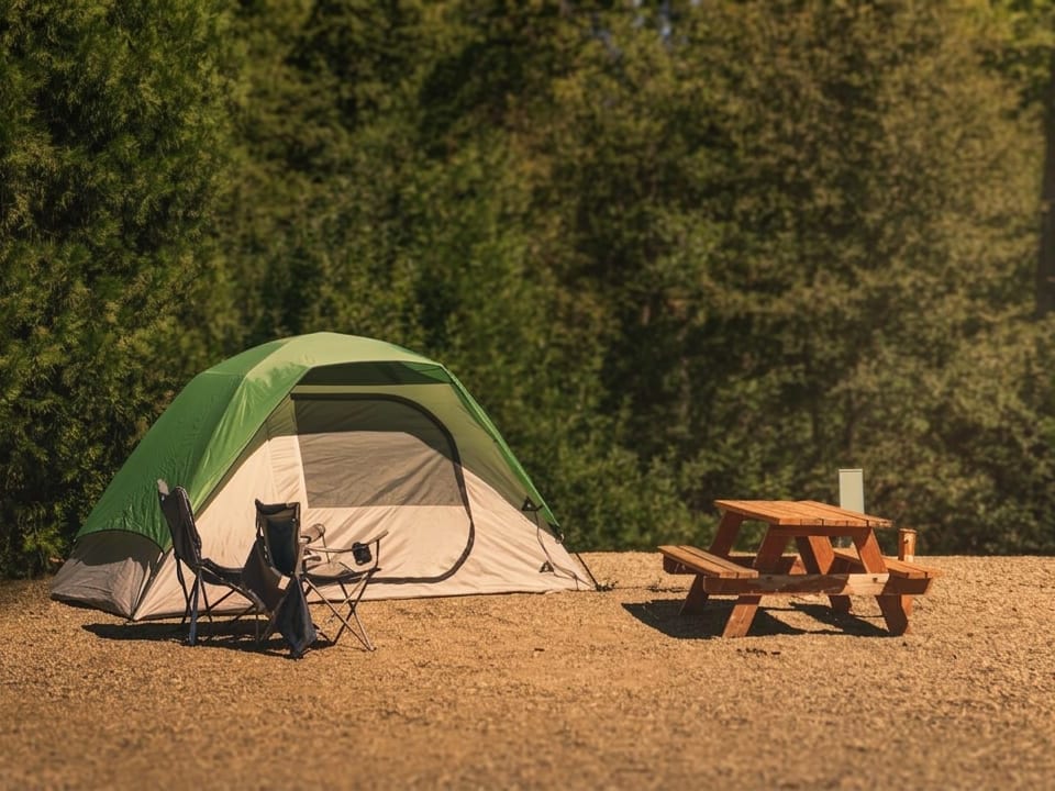 Green dome tent with two camp chairs beside a wooden picnic table on a gravel tent site at Outdoorsy Yosemite